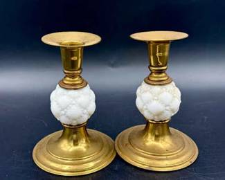Quilted Milk Glass & Brass Candle Holders
