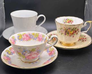 (3) Teacups & Saucers ft. Elizabethan Staffordshire, Crown Victoria Lovelace & Royal Chelsea
