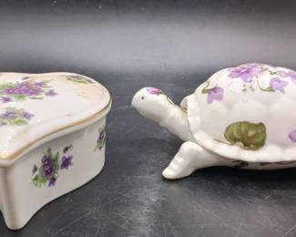 (2) Handpainted Porcelain Heart & Turtle Floral Jewelry Trinket Containers ft. Lefton
