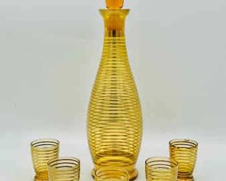 Depression Glass Decanter with Stopper & (5) Shot Glasses — Gold Trim
