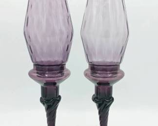 (2) Purple Glass Candlestick Fairy Lamps
