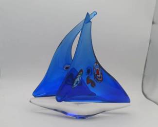 Murano Italy 2 Sails Glass Art Navy Sailboat
