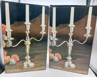 (2) International Silver Company Customizable 3-Piece Silverplated Candelabras
