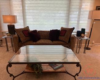 Cast Iron Glass Top Coffee Table with Marble Shelf