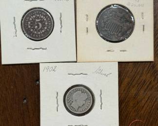 Shield Nickel with Rays, 2¢ Shield Piece, and Barber Dime