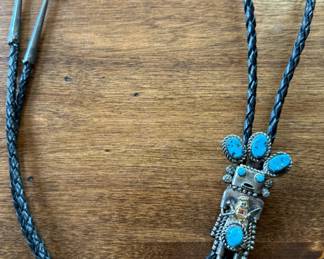 Vintage Sterling and Turquoise Navajo KACHINA Bolo Tie Holding Royal Order of Jesters Shriner (Masons) BILLIKEN
