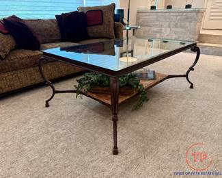 Cast Iron Glass Top Coffee Table with Marble Shelf