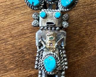 Vintage Sterling and Turquoise Navajo KACHINA Bolo Tie Holding Royal Order of Jesters Shriner (Masons) BILLIKEN