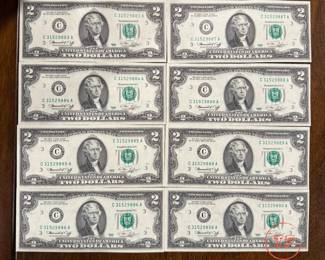 Set of 8 - $2 Sequential Green Seal Dollar Bills 