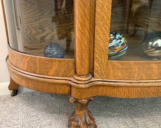 Antique Tiger Oak Curio Cabinet with Claw Feet