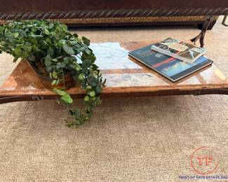 Cast Iron Glass Top Coffee Table with Marble Shelf