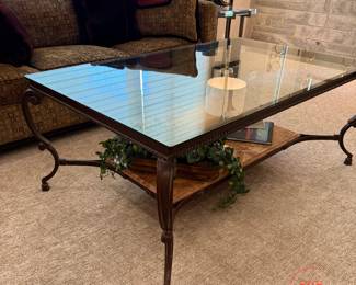 Cast Iron Glass Top Coffee Table with Marble Shelf