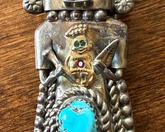 Vintage Sterling and Turquoise Navajo KACHINA Bolo Tie Holding Royal Order of Jesters Shriner (Masons) BILLIKEN