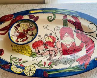 Large painted ceramic crawfish platter with matching bowl.