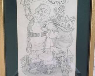 pen and ink framed Santa