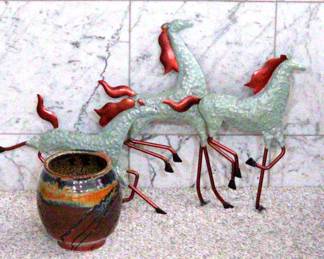 Metal Wall Art Of Three Horses Signed Pottery