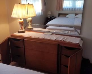 Mid-century bedroom set: long dresser; large mirror
