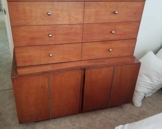 Mid-century bedroom set: chest on chest; long dresser; nightstand. Chest on chest has glass top
