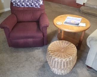 Recliner chair; covered basket; accent table