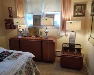 Mid-century bedroom suite: long dresser; nightstand