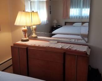 Mid-century bedroom set: long dresser; large mirror