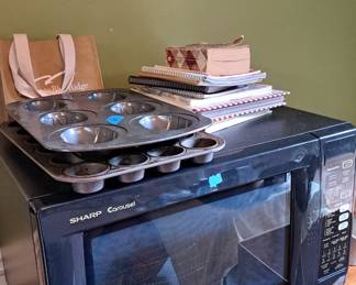 Microwave, muffin tins, cookbooks