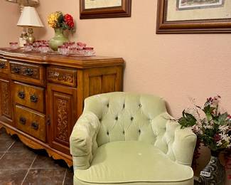 1 of the 2 green chairs, buffet server, pictures, MCM lamp