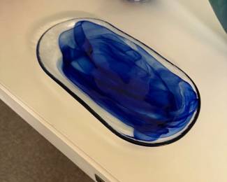 Infused Art Glass Cobalt blue swirl glass tray 