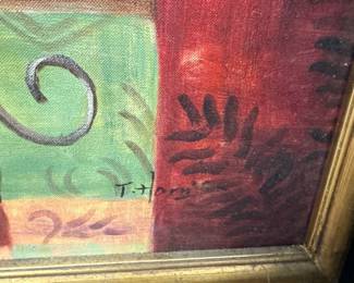 framed piece of wall art - tulips in a vase - colorful abstract background 