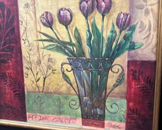framed piece of wall art - tulips in a vase - colorful abstract background 