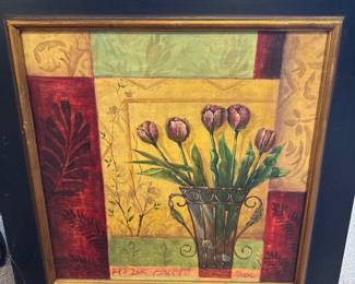 framed piece of wall art - tulips in a vase - colorful abstract background 