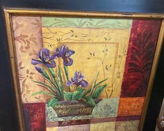 framed piece of wall art - irises in decorative planter - colorful abstract background 