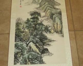 Vintage Asian Landscape Hanging Scroll Painting