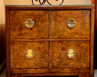 Vintage Thomasville Mid-Century Hollywood Chinoiserie Burl Wood Dresser / Credenza with Mirror + 2 Side Table Set