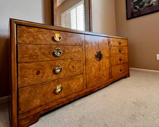 Vintage Thomasville Mid-Century Hollywood Chinoiserie Burl Wood Dresser / Credenza with Mirror + 2 Side Table Set