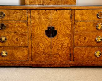 Vintage Thomasville Mid-Century Hollywood Chinoiserie Burl Wood Dresser / Credenza with Mirror + 2 Side Table Set