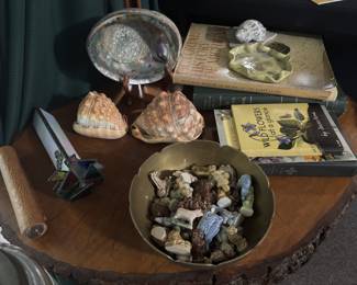 Antique kaleidoscopes, shells, figurines, brass bowl