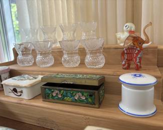 Antique Edinburgh shot glasses & trinket boxes