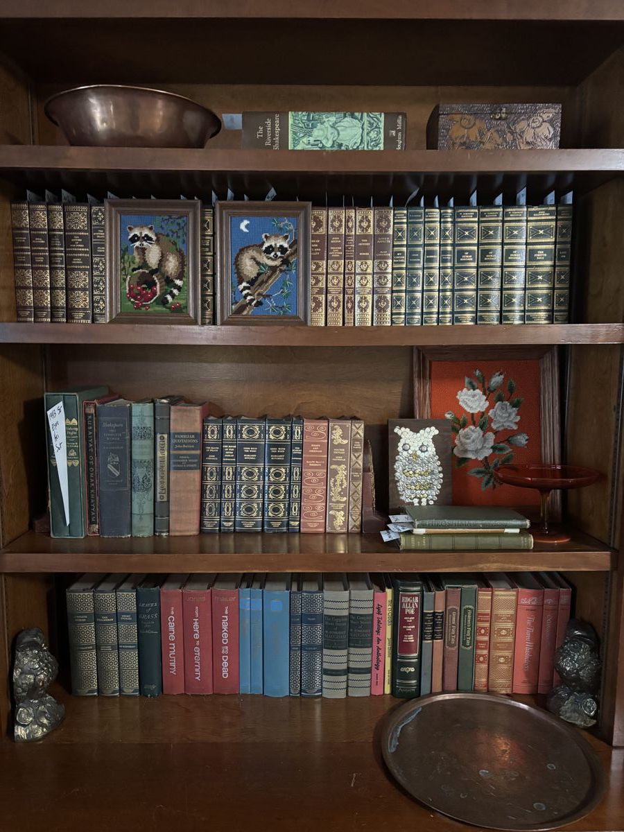 Antique books, vintage needlepoint, folk art, bookends