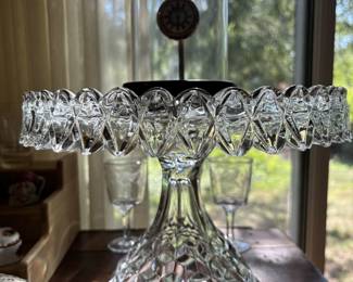 Fostoria Cake stand, with antique clock on top
