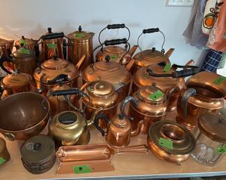 Lots of Copper! Coffee pots, teapots, bowls…