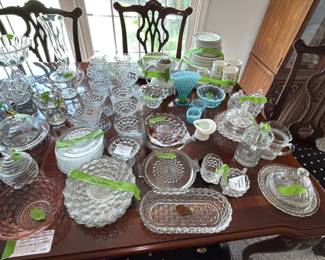 Lots of pretty glassware. Fostoria, Fenton American Cubist, Fostoria Ruby Red.