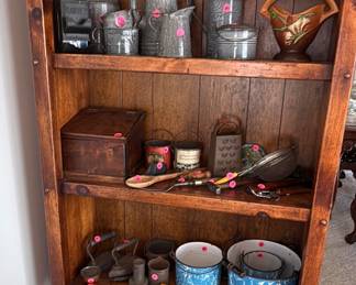 Vintage Enamelware, blocks, irons, Roseville, collectible tins, wood.