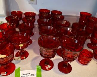 Lots of pretty glassware. Fostoria, Fenton American Cubist, Fostoria Ruby Red.
