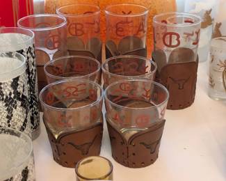 Libbey Bamco Western glasses with their tooled leather sleeves