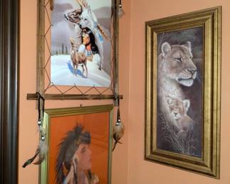 Native American wall art, and a tiger