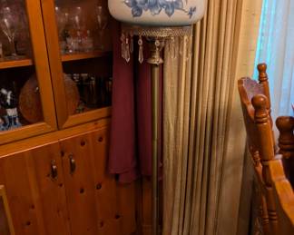 Vintage hurricane parlor lamp with crystal prisms. One of two