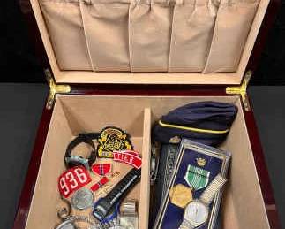 CT329Mystery Lot Of Mens Watches, Medals And Patches