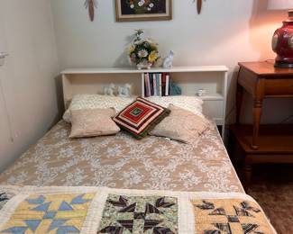 BOOKCASE HEADBOARD, FULL MATTRESS SET, OLD QUILTS