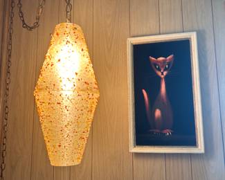 LUCITE HANGING LAMP, VELVET PAINTING